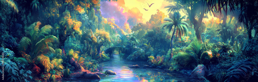Poster serene jungle river with sunlight filtering through the canopy - a vibrant jungle scene with a river