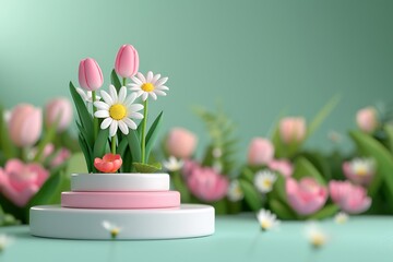 Elegant 3D Floral Podium with Daisies and Tulips for a Serene Decorative Ambiance