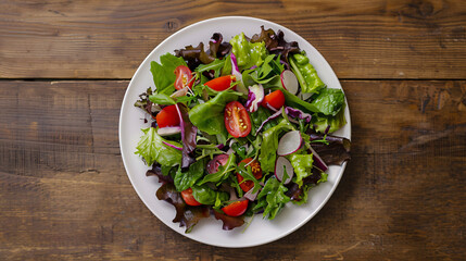 Fresh mixed green salad with tomatoes, radishes, and vegetables on a white plate, displayed on a rustic wooden table
