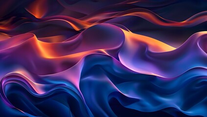 Obraz premium Abstract background with a gradient of blue and purple colors, glowing shapes and curved lines in a high resolution, professional photograph. The design incorporates dark indigo and orange colors, wit