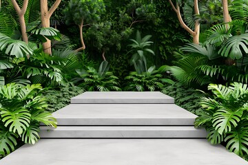 Sleek Modern Podium Set Against a Lush, Verdant Jungle Backdrop