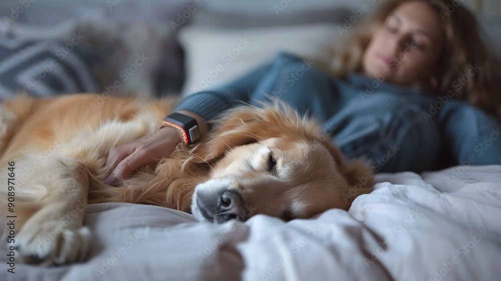 Poster pet owner monitoring pet's sleep patterns with smart tracker device
