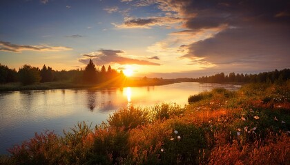 川辺の夕暮れ夏の終わりの風景