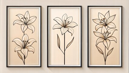 Set of three vertical poster,  minimalist lily one line art
