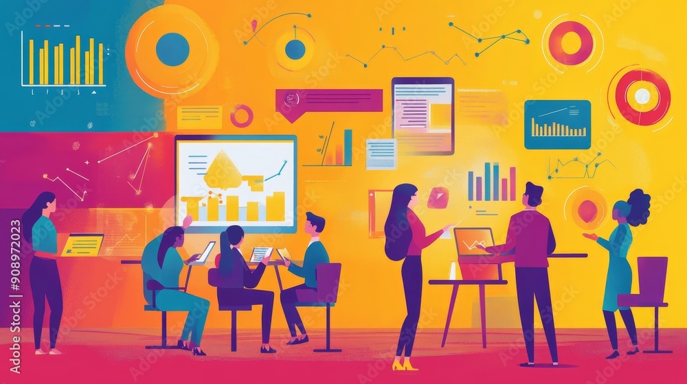 Poster a team of diverse professionals collaborates around a table, analyzing data on a screen, showcasing 