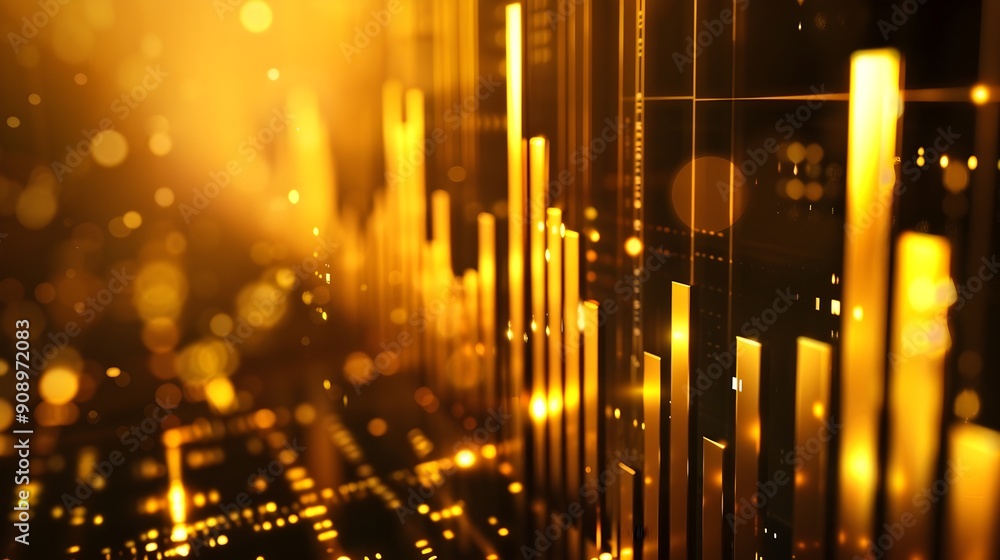 Poster abstract golden bar chart with dynamic lighting for modern finance visualization