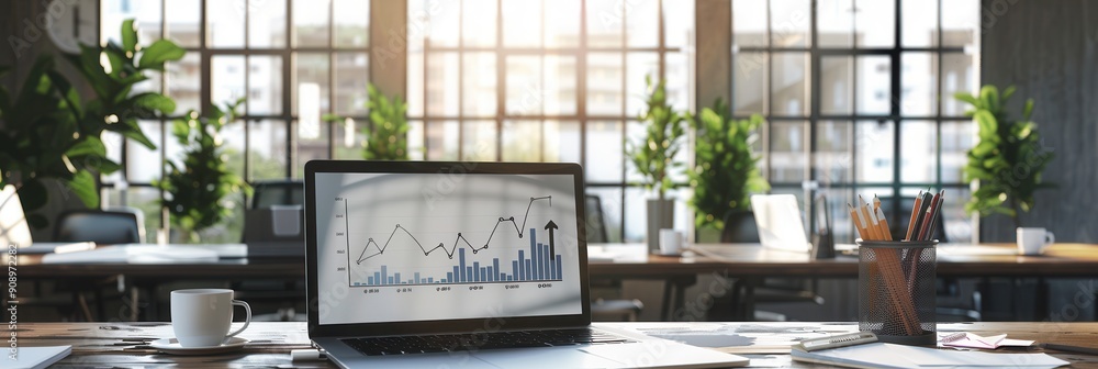 Poster a sleek office space filled with natural light, showcasing a laptop with business data and plants en