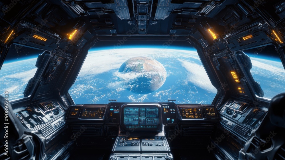 Poster spaceship cockpit view of earth from orbit