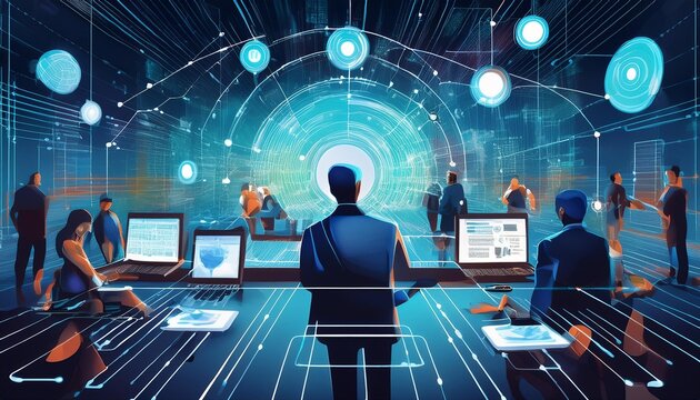 Depictions of tech devices, data analytics, virtual meetings, and digital marketing