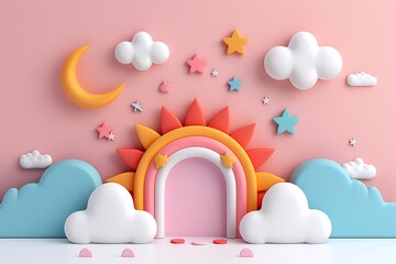 Playful 3D Podium Featuring a Sun and Cloud Motif Set Against a Soft Pink Background