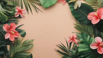 Fototapeta premium Pink Hibiscus Flowers and Lush Green Tropical Leaves on a Tan Background