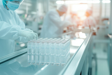 Automated line for the production of modern medical devices. Ampoules and tubes stand on a conveyor belt in a bright laboratory.  Of robotisation in the production of medical products. Baner, poster