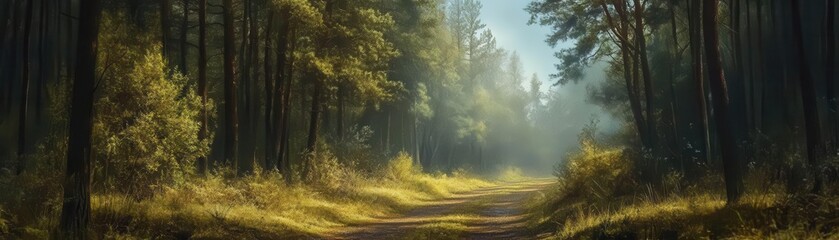 Obraz premium Abandoned road in overgrown pine forest, sense of mystery and decay