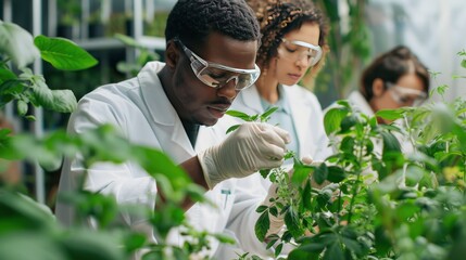 Diverse team of biologists studying plant genetics, surrounded by greenery in lab