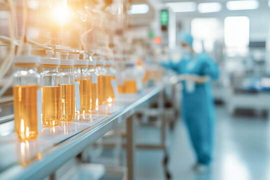 Automated line for the production of modern medical devices. Ampoules and tubes stand on a conveyor belt in a bright laboratory.  Of robotisation in the production of medical products. Baner, poster