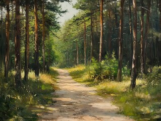 Fototapeta premium Dirt path leading to a campsite in pine forest, rustic and inviting
