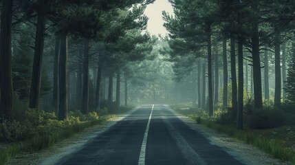 Fototapeta premium Empty road lined with towering pine trees, peaceful and isolated