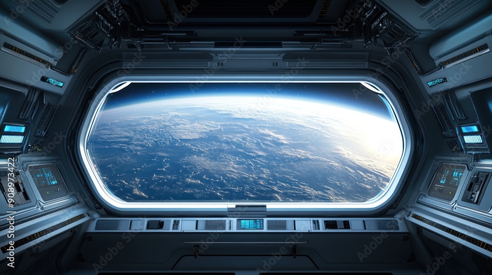 Poster futuristic spaceship interior with earth view from a large window