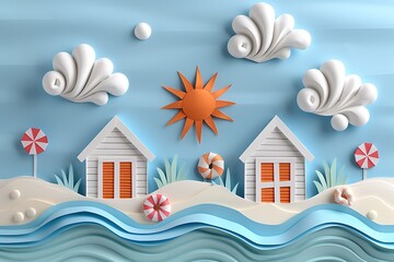 Whimsical Beach Scene Featuring Charming Huts, Sun, and Creative Paper Cut Clouds