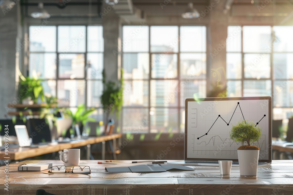 Poster a sleek workspace features a desk with a laptop displaying a graph, surrounded by plants and natural