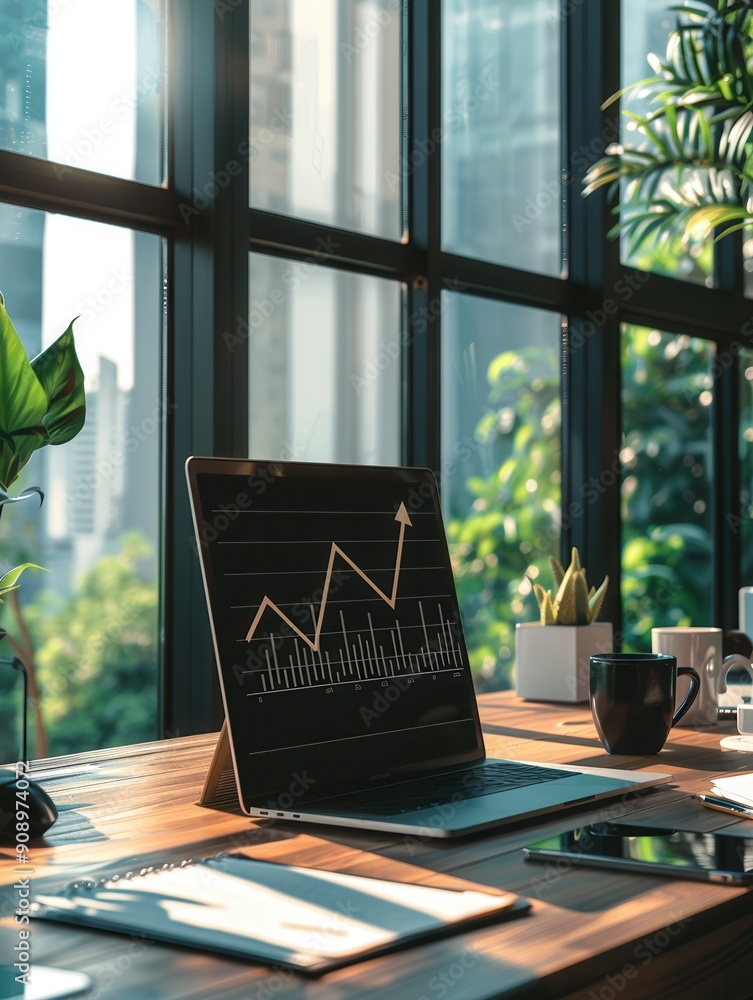 Aufkleber A sleek office space filled with natural light, showcasing a laptop with graphs, plants, and coffee, creating an inviting atmosphere for productivity. Generative AI