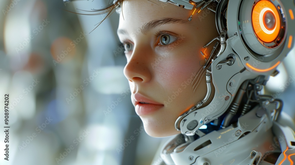 Aufkleber closeup of an ai robot with humanlike features, looking to the side in contemplation and focus on fu