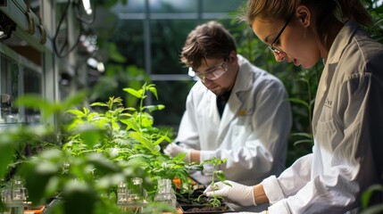 Obraz premium International team in lab coats researching agricultural improvements, plant specimens