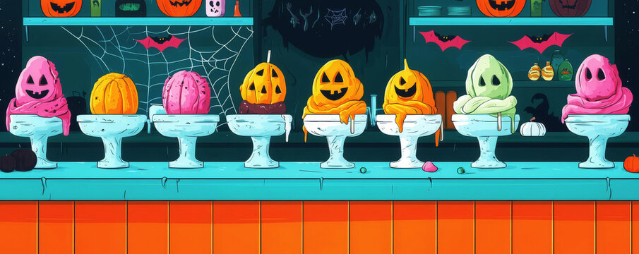 Halloween ice cream menu, haunted parlor, flat design illustration