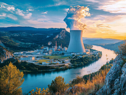 A large power plant is situated next to a river