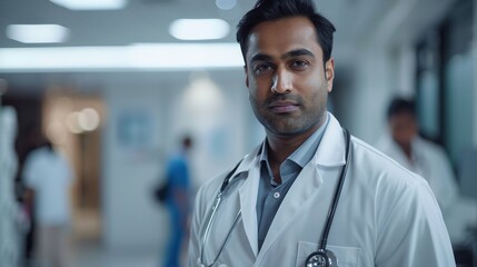 Fototapeta premium medical leadership, indian doctor in white coat, confidently and compassionately leads medical team, ensuring top patient care and outcomes