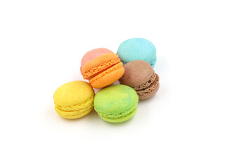 Sweet colorful macarons isolated on white background. Tasty colourful macaroons.