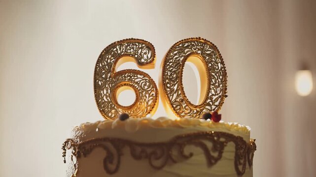 A cake with the number 60 on it. The cake is decorated with gold and silver accents.