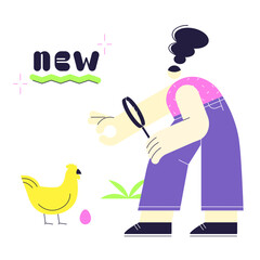Text new with woman looking through a magnifying glass on chicken