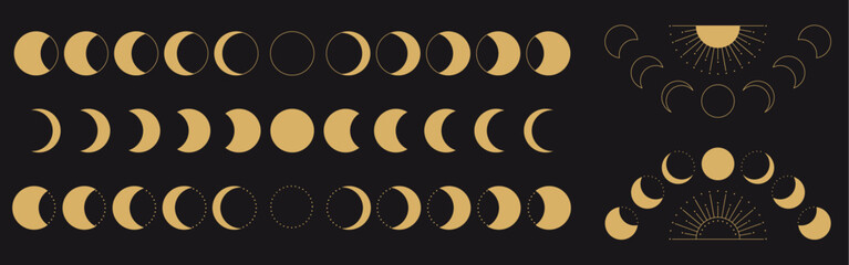 Abstract set of boho moon cycles, lunar phases from new to full moon in trendy gold color.