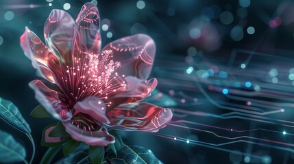 A digital flower blooming amidst neon lights and abstract circuits, symbolizing the fusion of nature and technology in an intricate and futuristic design.