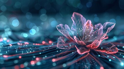 A delicate digital flower spread illuminated in neon hues, set against a backdrop of electronic circuits, representing the elegance of technology and nature.