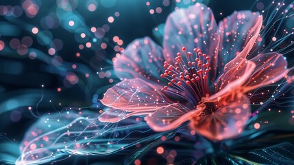 A vibrant digital flower with holographic effects, showcasing a fusion of nature and technology, with abstract neon lines enhancing its futuristic appearance.