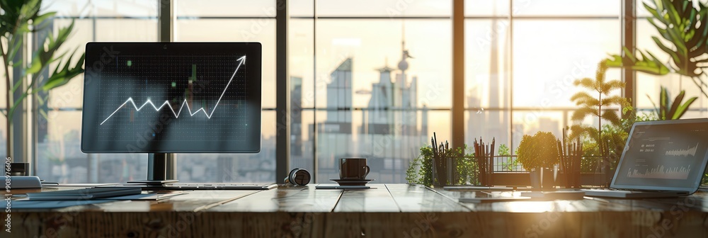 Poster a sleek office layout showcases large windows with natural light, revealing a city skyline and a wel