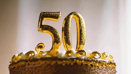 A cake with a gold number 50 on top. The cake is decorated with gold and white frosting.