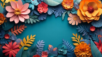 Paper Flower and Leaf Arrangement on Teal Background