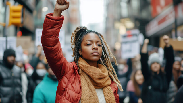 confident young African American female standing with raised fist against crowd during protest on street