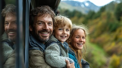 17. Family enjoying a scenic train ride, the children looking out the window in awe, the parents smiling and enjoying the journey