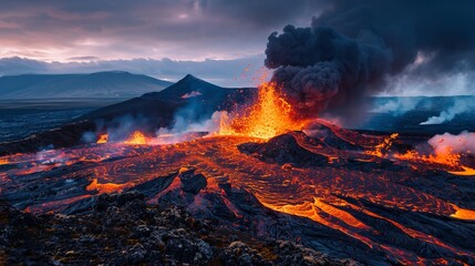 An active volcano erupts with glowing lava and thick ash clouds. The dramatic, fiery scene captures the powerful and awe-inducing force of nature in action.