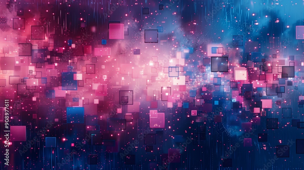 Poster digital glitch abstract background with blue and pink colors, with squares of different sizes, creat