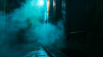 A mysterious, dark, and foggy alleyway with blue and green lighting, perfect for a horror, thriller, or suspenseful movie scene. 