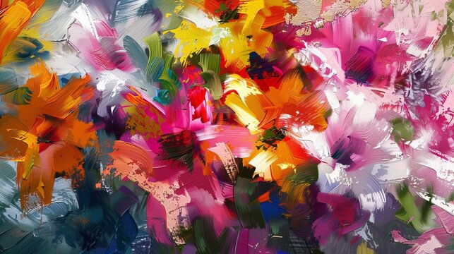 This energetic image showcases a dynamic mix of abstract colorful flowers, portraying movement and vibrancy with bold brush strokes and a playful art style.