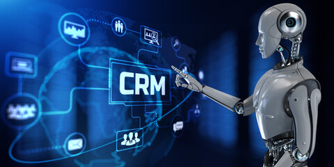 CRM customer relationship management automation RPA concept. Robot pressing button on screen 3d render.