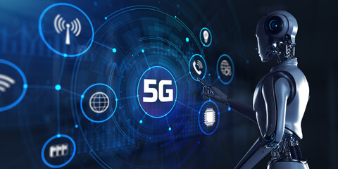 Fototapeta premium 5G wireless internet connection telecommunication concept. Robot pressing button on screen 3d render.