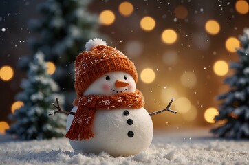 Winter holiday christmas background banner - Closeup of cute funny laughing snowman with wool hat and scarf, on snowy snow snowscape with bokeh lights