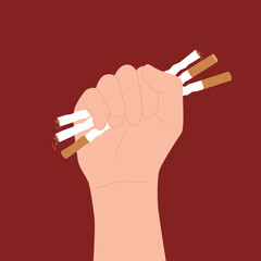 Stop smoking tobacco, warning poster. Smokers fingers break nicotine cigarettes on red background, fist of hand rises up to quit smoking tobacco, kick bad unhealthy habit cartoon vector illustration